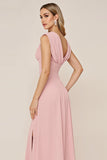 Candy Pink Sheath V-Neck Ruched Long Bridesmaid Dress with Slit
