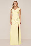 Candy Pink Sheath V-Neck Ruched Long Bridesmaid Dress with Slit