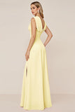 Candy Pink Sheath V-Neck Ruched Long Bridesmaid Dress with Slit