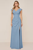 Candy Pink Sheath V-Neck Ruched Long Bridesmaid Dress with Slit