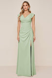 Candy Pink Sheath V-Neck Ruched Long Bridesmaid Dress with Slit