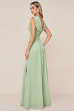 Candy Pink Sheath V-Neck Ruched Long Bridesmaid Dress with Slit