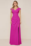 Candy Pink Sheath V-Neck Ruched Long Bridesmaid Dress with Slit