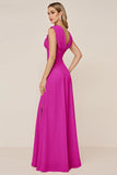Candy Pink Sheath V-Neck Ruched Long Bridesmaid Dress with Slit
