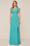 Candy Pink Sheath V-Neck Ruched Long Bridesmaid Dress with Slit