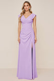 Candy Pink Sheath V-Neck Ruched Long Bridesmaid Dress with Slit