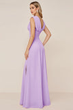 Candy Pink Sheath V-Neck Ruched Long Bridesmaid Dress with Slit