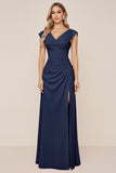 Candy Pink Sheath V-Neck Ruched Long Bridesmaid Dress with Slit
