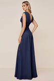Candy Pink Sheath V-Neck Ruched Long Bridesmaid Dress with Slit