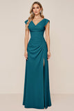 Candy Pink Sheath V-Neck Ruched Long Bridesmaid Dress with Slit