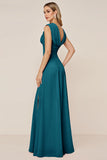 Candy Pink Sheath V-Neck Ruched Long Bridesmaid Dress with Slit