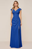 Candy Pink Sheath V-Neck Ruched Long Bridesmaid Dress with Slit