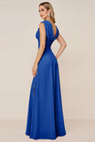 Candy Pink Sheath V-Neck Ruched Long Bridesmaid Dress with Slit