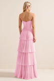 Blush Pink Chiffon Tiered Spaghetti Straps A Line Maxi Bridesmaid Dress