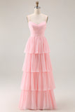 Candy Pink Chiffon Tiered Spaghetti Straps A Line Maxi Bridesmaid Dress