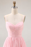 Candy Pink Chiffon Tiered Spaghetti Straps A Line Maxi Bridesmaid Dress