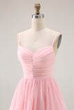 Candy Pink Chiffon Tiered Spaghetti Straps A Line Maxi Bridesmaid Dress