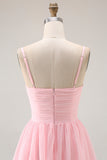 Candy Pink Chiffon Tiered Spaghetti Straps A Line Maxi Bridesmaid Dress
