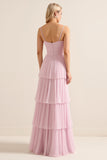 Candy Pink Spaghetti Straps A Line Tiered Maxi Bridesmaid Dress