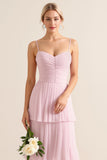Candy Pink Spaghetti Straps A Line Tiered Maxi Bridesmaid Dress