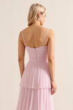 Candy Pink Spaghetti Straps A Line Tiered Maxi Bridesmaid Dress