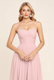 Candy Pink Spaghetti Straps A Line Maxi Bridesmaid Dress