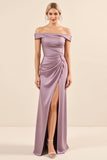 Vintage Mauve Satin Sheath Maxi Off the Shoulder Bridesmaid Dress with Slit