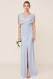 Light Blue V Neck Sheath Maxi Bridesmaid Dress