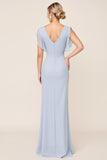 Light Blue V Neck Sheath Maxi Bridesmaid Dress