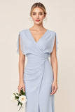 Light Blue V Neck Sheath Maxi Bridesmaid Dress