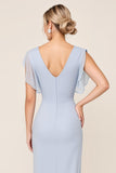 Light Blue V Neck Sheath Maxi Bridesmaid Dress