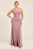 Vintage Mauve Spaghetti Straps Sheath Maxi Bridesmaid Dress with Bow