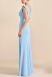 Sky Blue One Shoulder Sheath Maxi Bridesmaid Dress