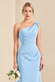 Sky Blue One Shoulder Sheath Maxi Bridesmaid Dress
