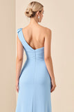 Sky Blue One Shoulder Sheath Maxi Bridesmaid Dress