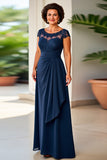 Navy Sheath Ruched Maxi Mother of the Bride Dress with Lace
