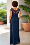 Navy Sheath Ruched Maxi Mother of the Bride Dress with Lace
