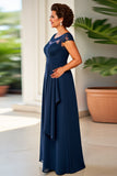 Navy Sheath Ruched Maxi Mother of the Bride Dress with Lace