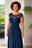 Navy Sheath Ruched Maxi Mother of the Bride Dress with Lace