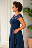 Navy Sheath Ruched Maxi Mother of the Bride Dress with Lace