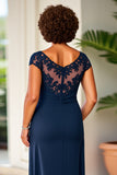 Navy Sheath Ruched Maxi Mother of the Bride Dress with Lace