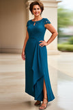 Ink Blue Sheath Chiffon Cap Sleeves Long Mother of the Bride Dress