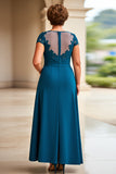 Ink Blue Sheath Chiffon Cap Sleeves Long Mother of the Bride Dress