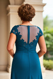 Ink Blue Sheath Chiffon Cap Sleeves Long Mother of the Bride Dress