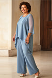 Dusty Blue Chiffon 3/4 Sleeves Maxi Mother of the Bride Pantsuit