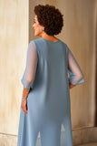 Dusty Blue Chiffon 3/4 Sleeves Maxi Mother of the Bride Pantsuit
