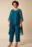 Peacock Chiffon Scoop Neck Plus Size Mother of the Bride Pantsuit
