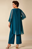 Peacock Chiffon Scoop Neck Plus Size Mother of the Bride Pantsuit