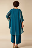 Peacock Chiffon Scoop Neck Plus Size Mother of the Bride Pantsuit