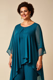 Peacock Chiffon Scoop Neck Plus Size Mother of the Bride Pantsuit
